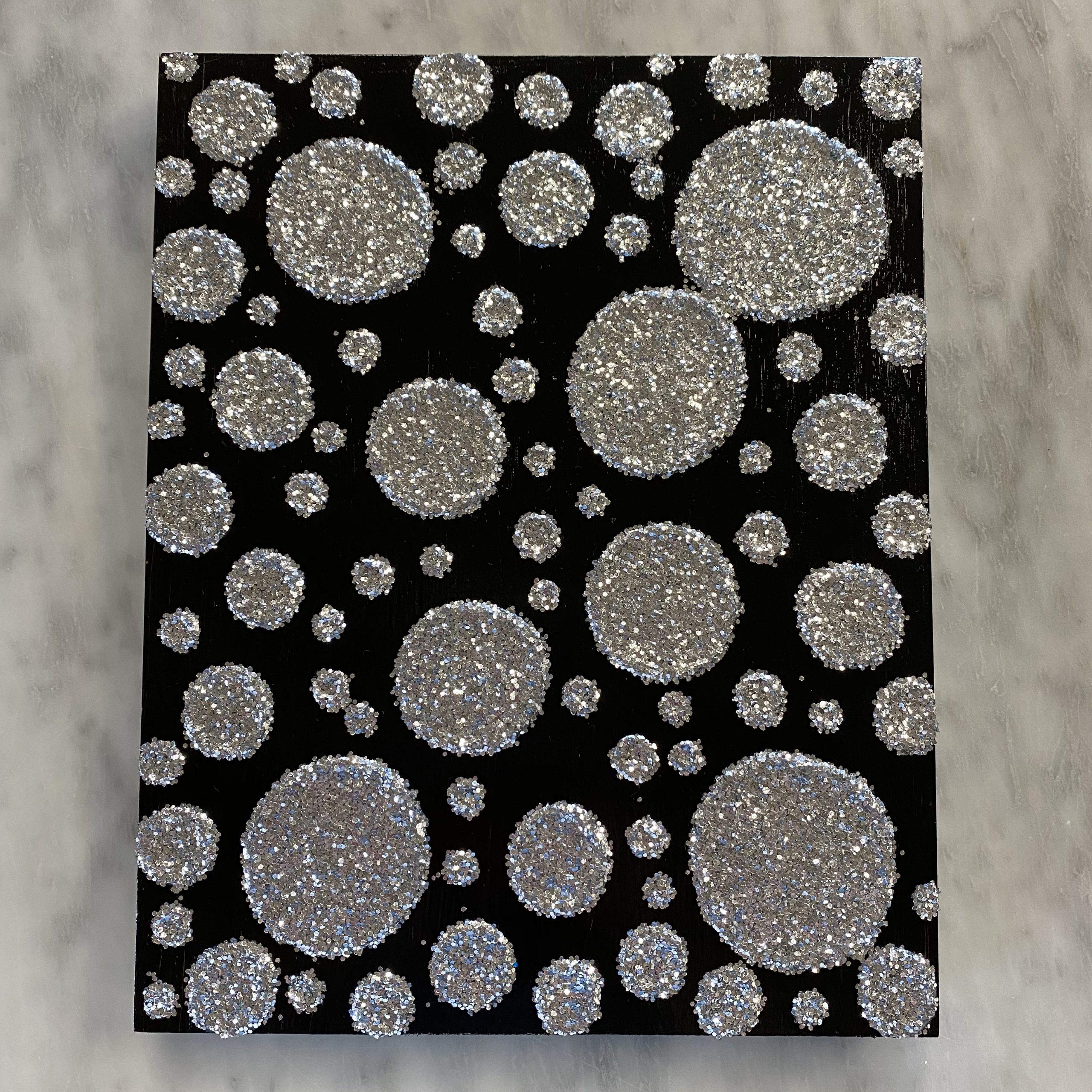 Glitter Dots; Sparkly on Black Wood Canvas Furst Art Studio