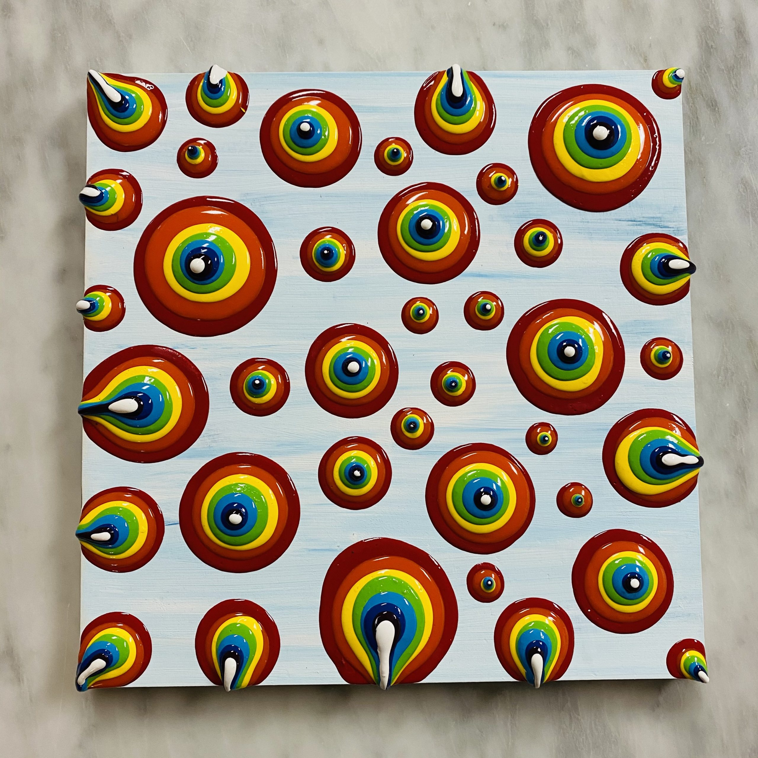 Blob Art; Rainbow on Sky Blue Wood Canvas Furst Art Studio